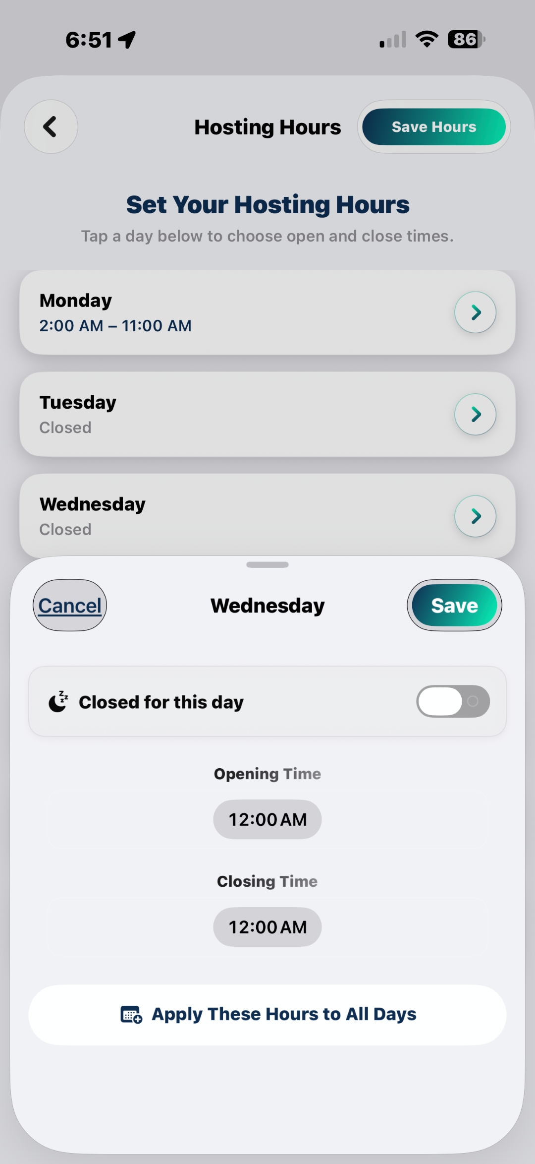 EZchargez app: host scheduling screen — set your own hosting hours day by day